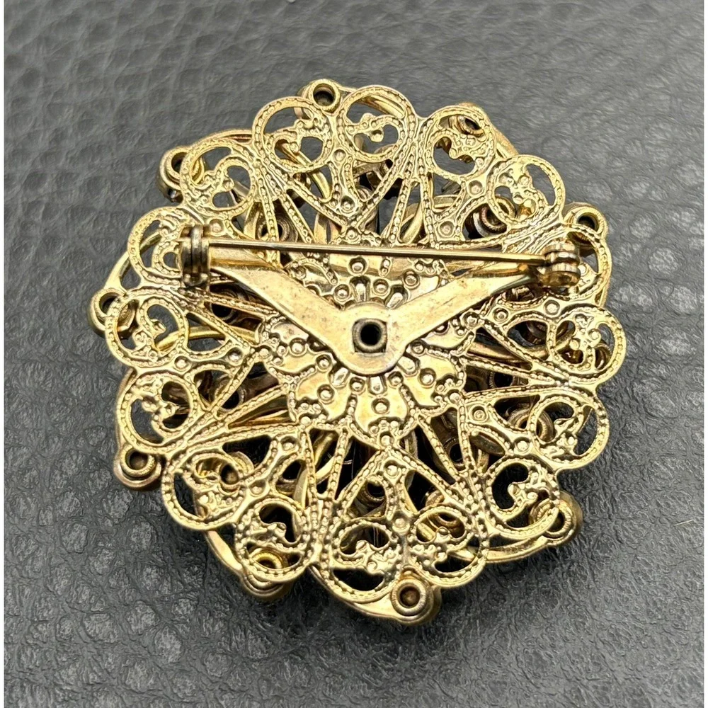 Vintage Faux Emerald Green Black Rhinestone Filigree Flower Dome Brooch